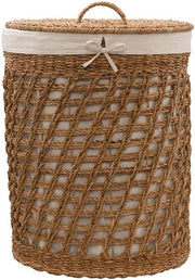 Extra Large Seagrass Laundry Basket with Lid & Cotton Liner – Handwoven Oval Sto