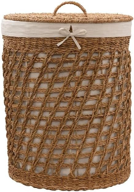 Extra Large Seagrass Laundry Basket with Lid & Cotton Liner – Handwoven Oval Sto