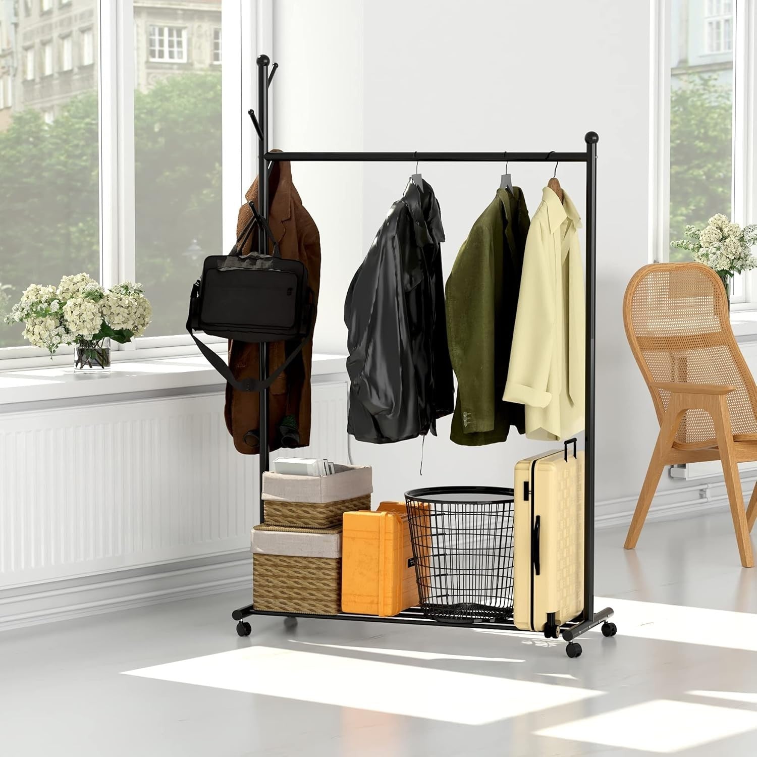 Heavy Duty Clothes Garment Rack with Shelf Wheels Metal Black