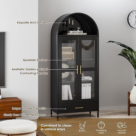Tall White Arched Pantry Cabinet – 2-Door Glass Storage Unit 185cm Modern