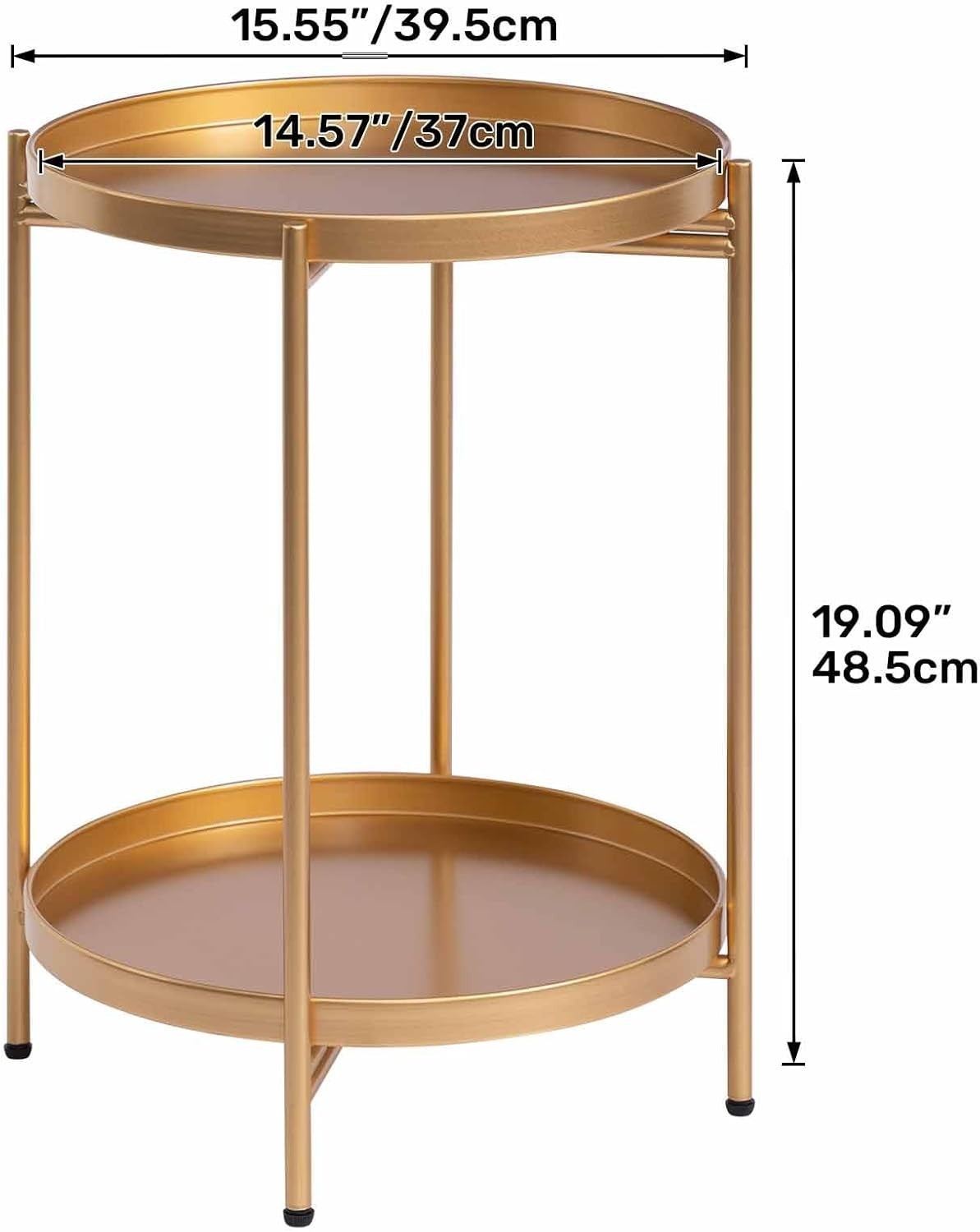 Gold Metal Round Side Table – 2 Tier Removable Tray, Small Coffee Table