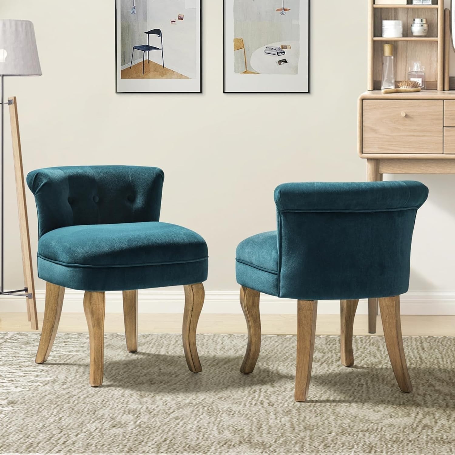 Set of 2 Teal Velvet Upholstered Vanity Chairs – Barrel Back with Wood Legs