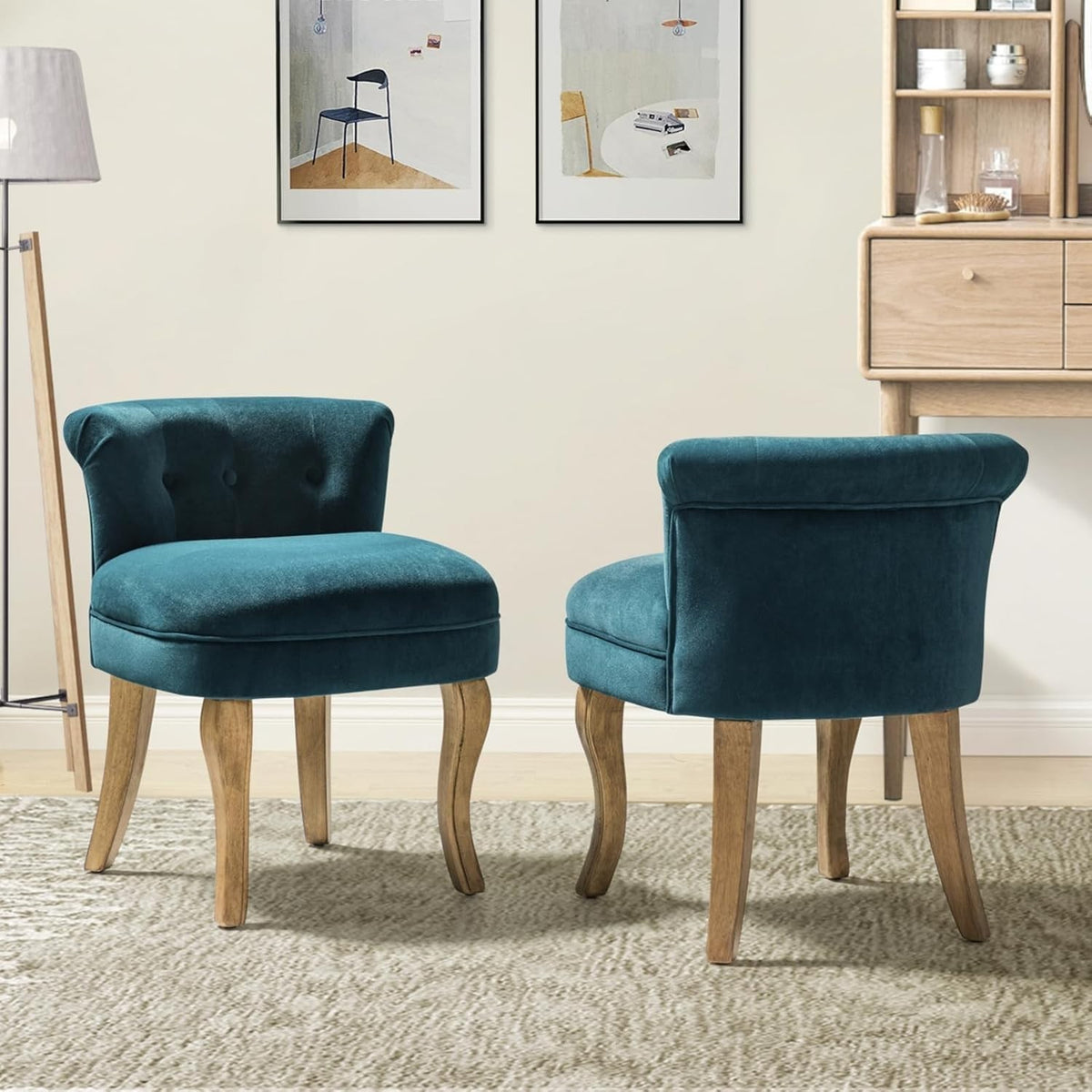 Set of 2 Teal Velvet Upholstered Vanity Chairs – Barrel Back with Wood Legs
