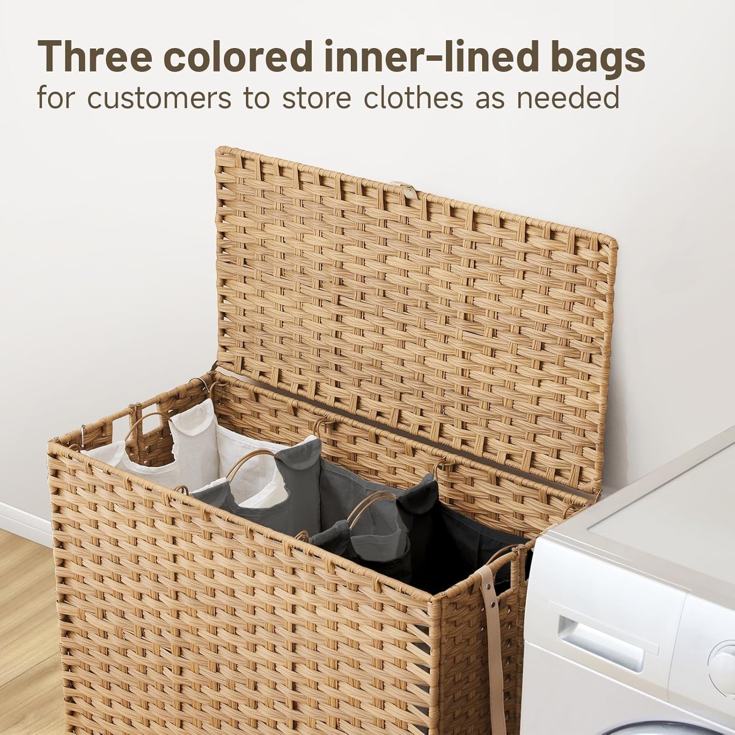 200L Wicker Laundry Hamper on Wheels | 3 Removable Bags & Lid | Large Natural Ba