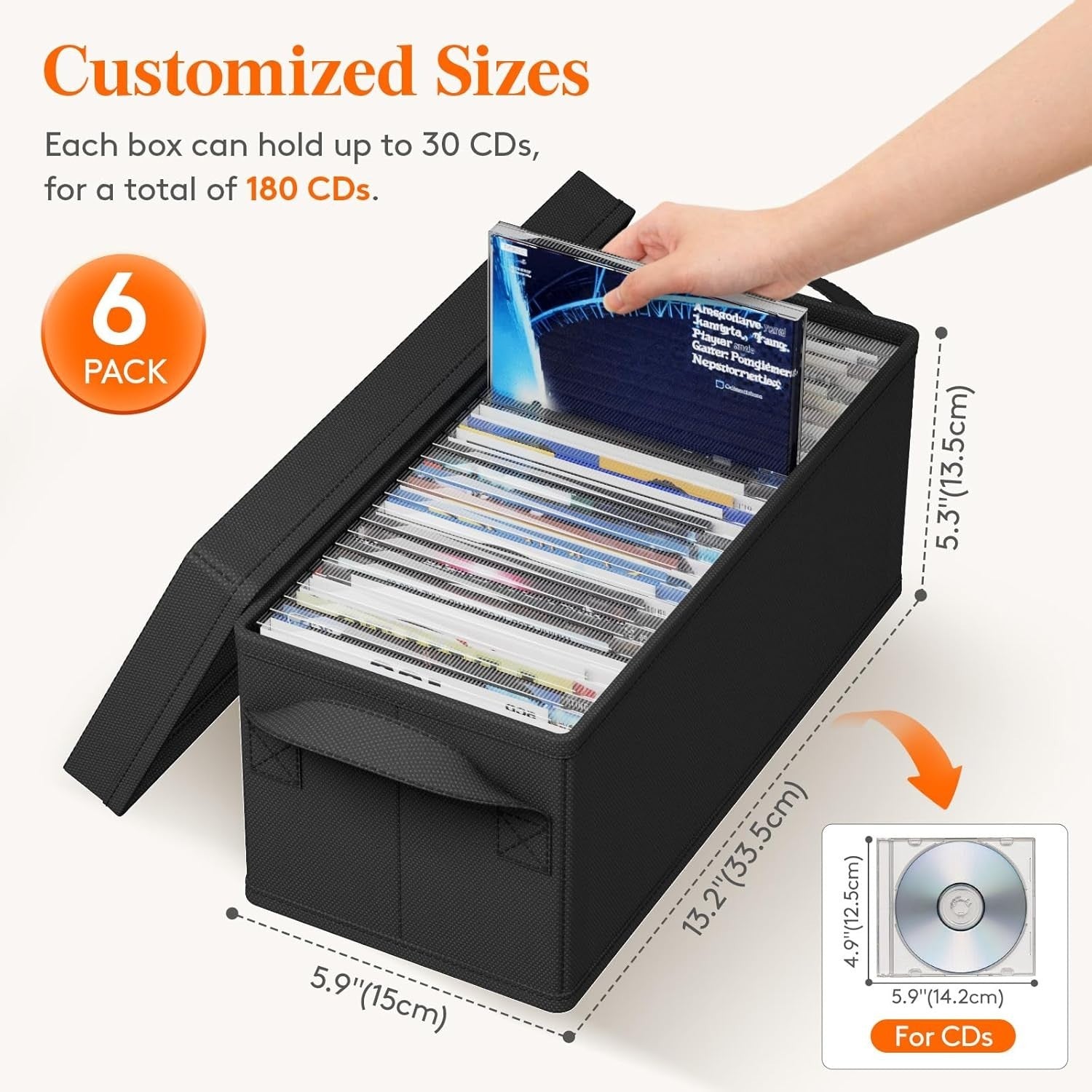 6 Pack CD Storage Boxes Stackable Lid Organizer Holds 180 CDs Black