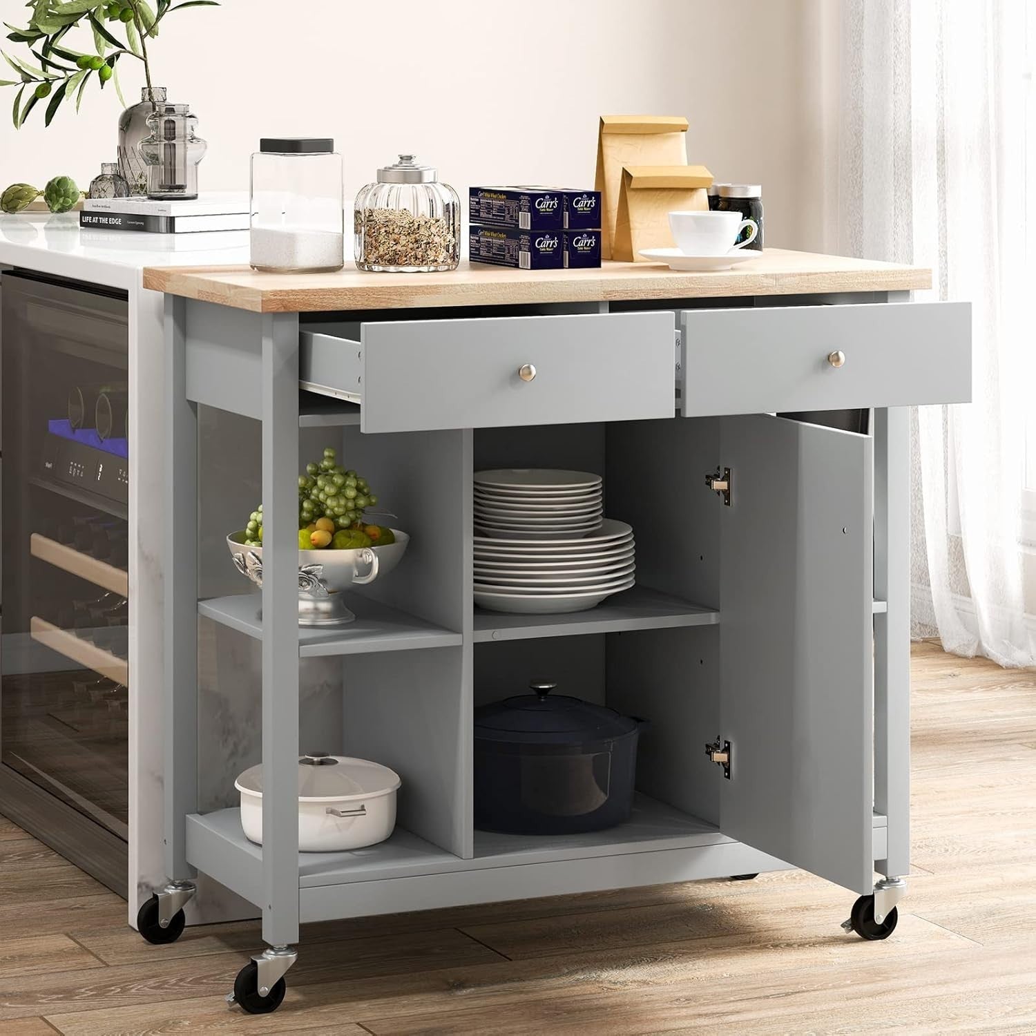 Kitchen Island Trolley with Drawers & Adjustable Shelves Grey 99x46x90cm