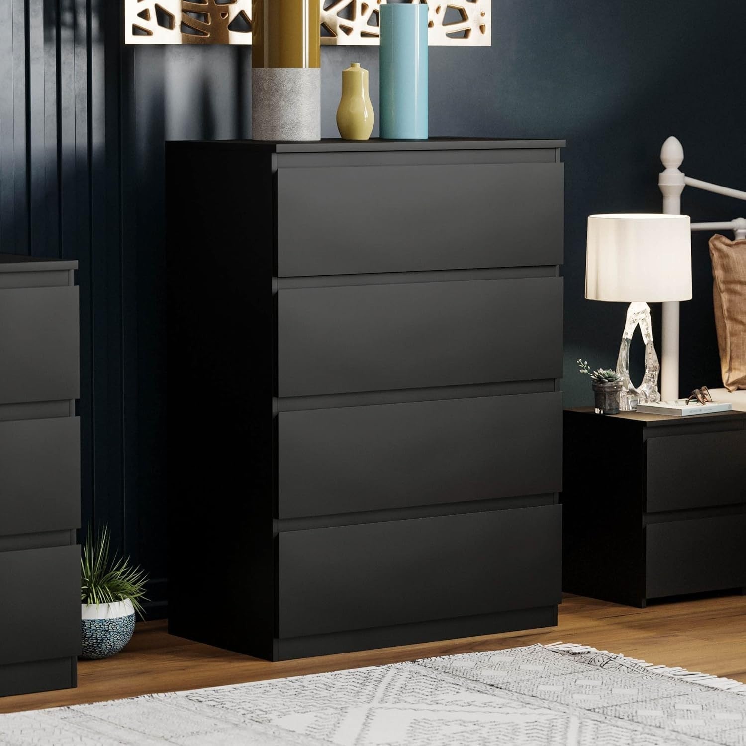 Black 4 Drawer Chest Modern Storage Unit – Slim Bedroom Dresser