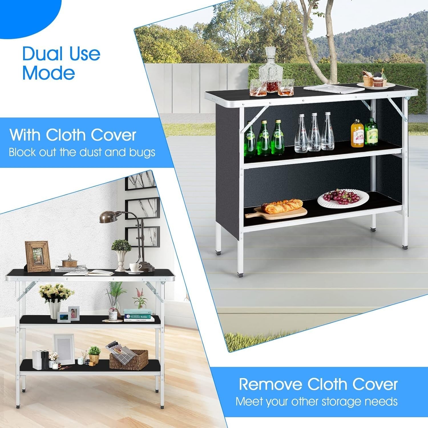 Folding Camping Table 110cm Portable Picnic Table 2-Tier Storage BBQ Outdoor