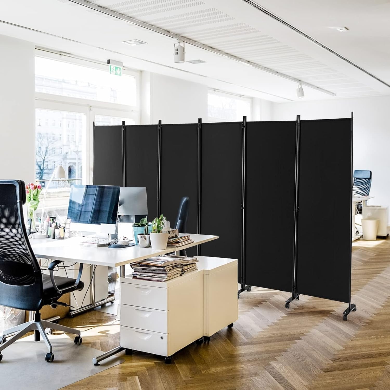 6 Panel Folding Room Divider Privacy Screen Black Metal Frame 335x172cm