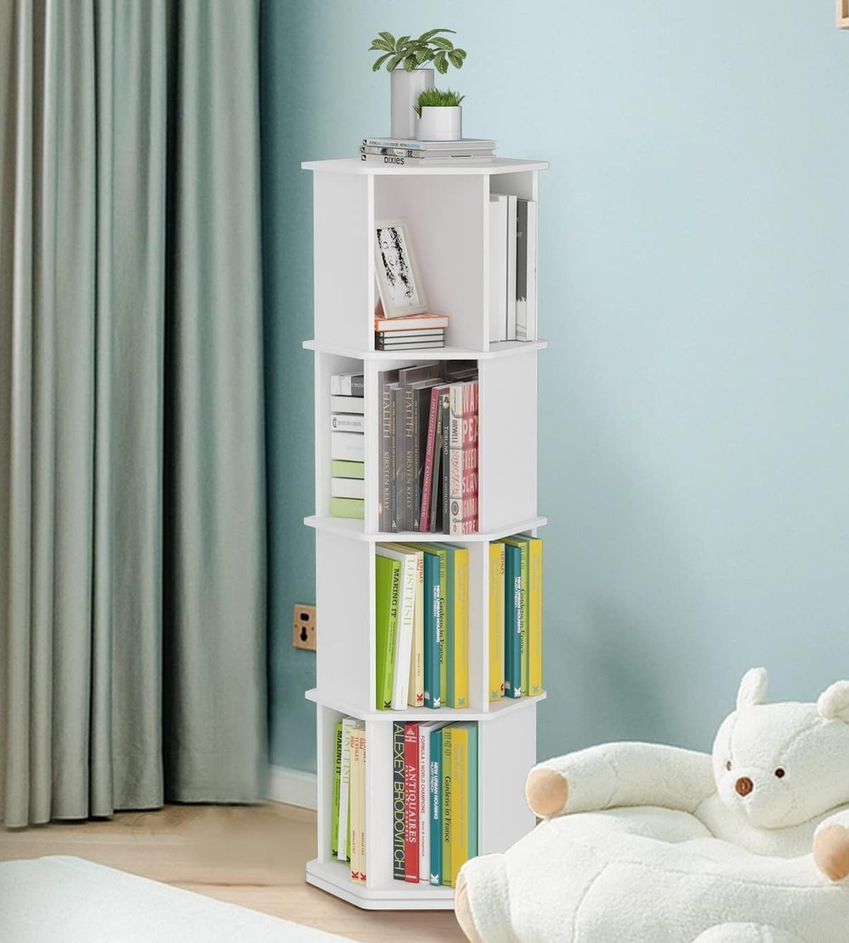 360° Rotating 4-Tier Hexagonal Bookshelf – Space Saving Corner Bookcase
