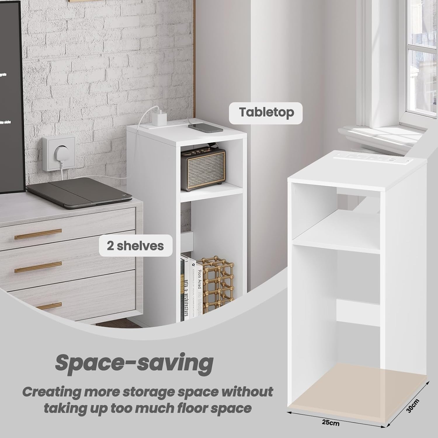 Set of 2 Smart Bedside Tables with USB Charging Ports & Storage Shelves