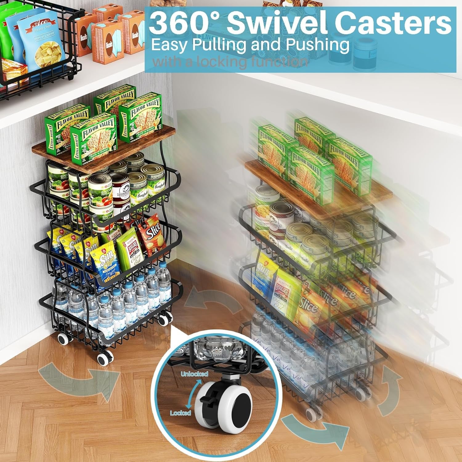 4 Tier Pantry Organiser Storage Cart Rolling Metal Baskets Kitchen Trolley