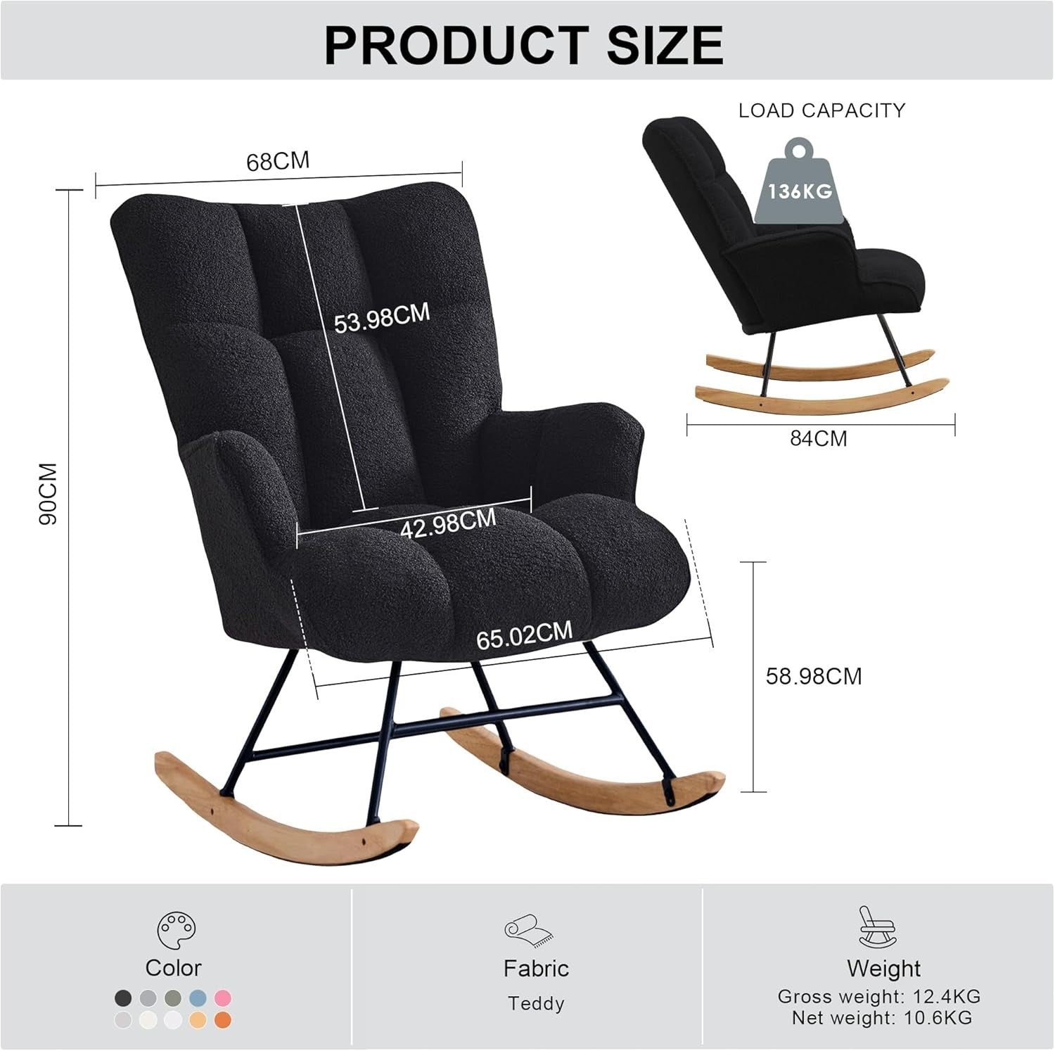 Rocking Chair Nursery Glider Comfy Armchair High Back Padded Seat Black Teddy