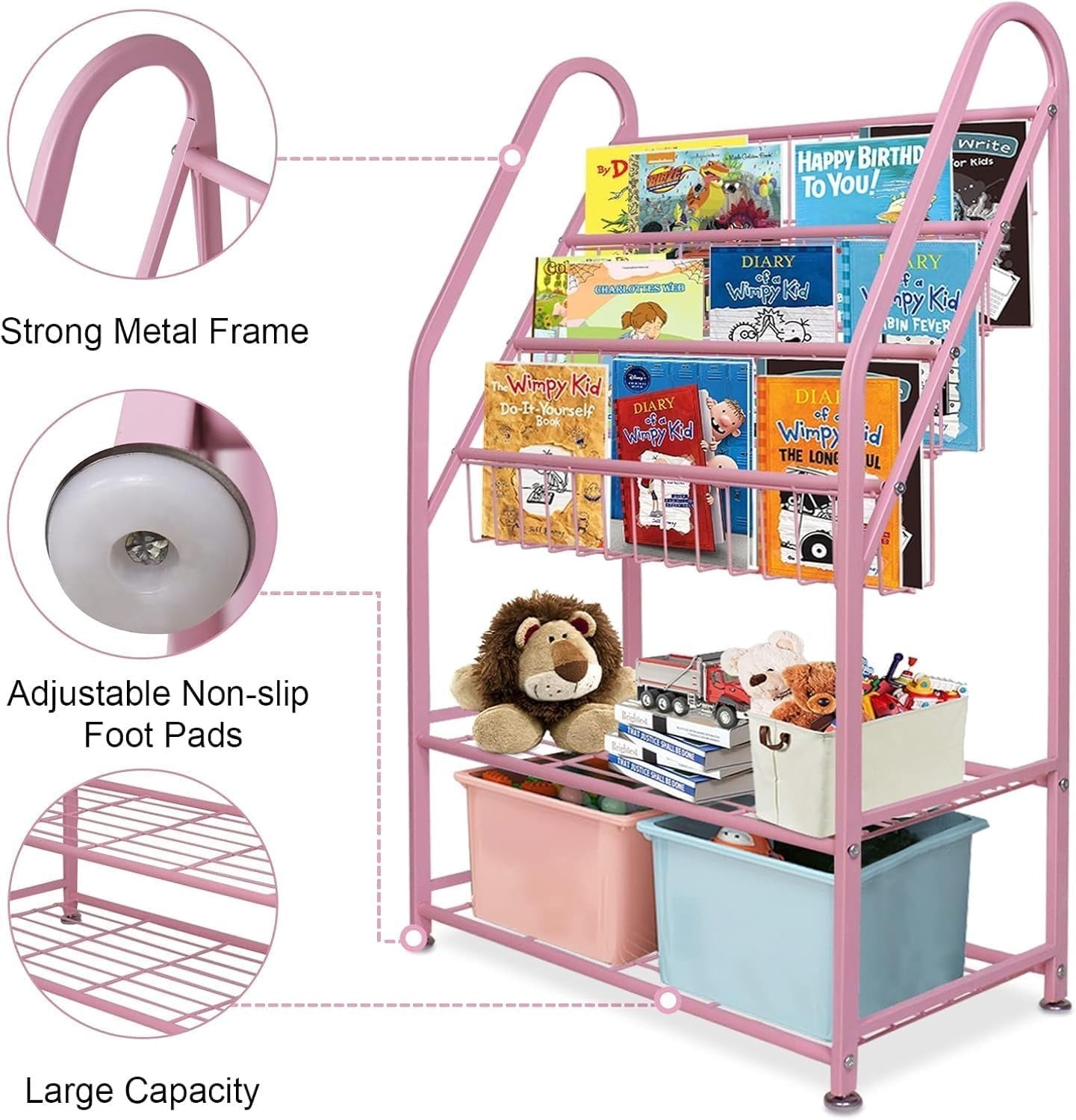 Kids Medium Leaning Bookshelf & Toy Organizer Rack – Durable Metal, Pink