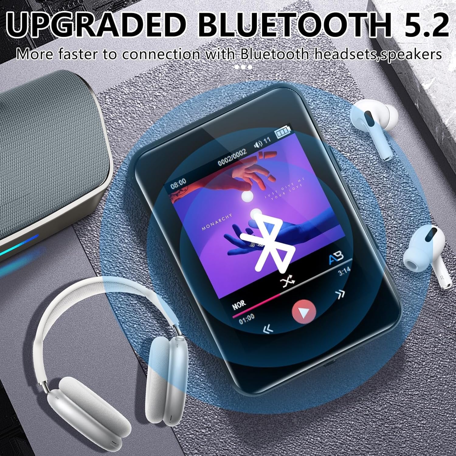 72GB MP3 Player Bluetooth 5.2 2.5" Touch Screen FM Speaker