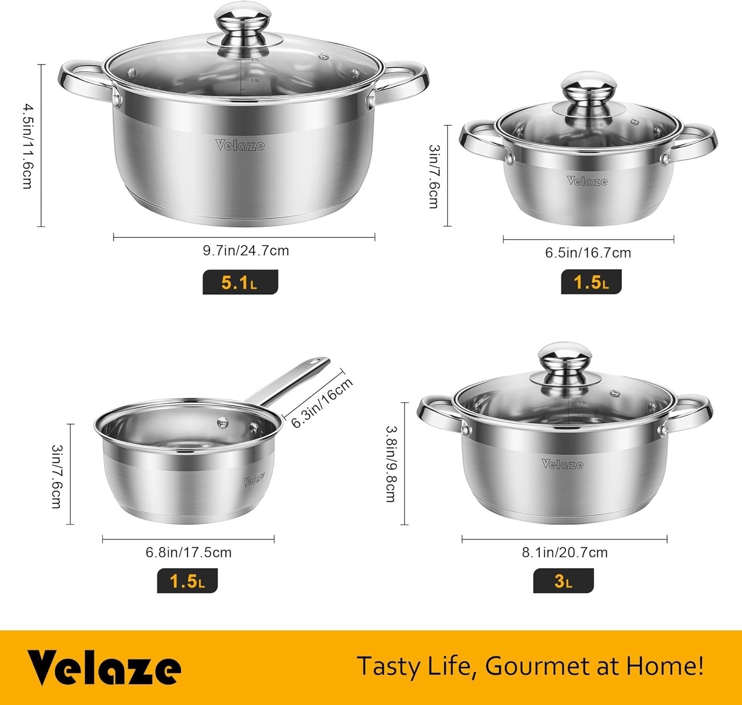 7Pcs Stainless Steel Cookware Pot Set with Glass Lids Induction & Gas Compatible