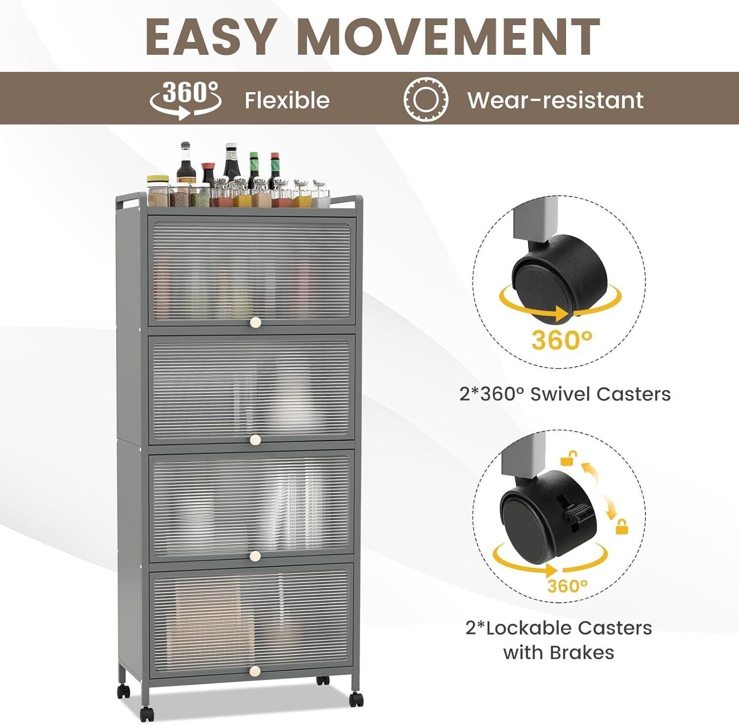60x32x154cm Grey Rolling Kitchen Cabinet 5-Tier Pantry Storage with Wheels