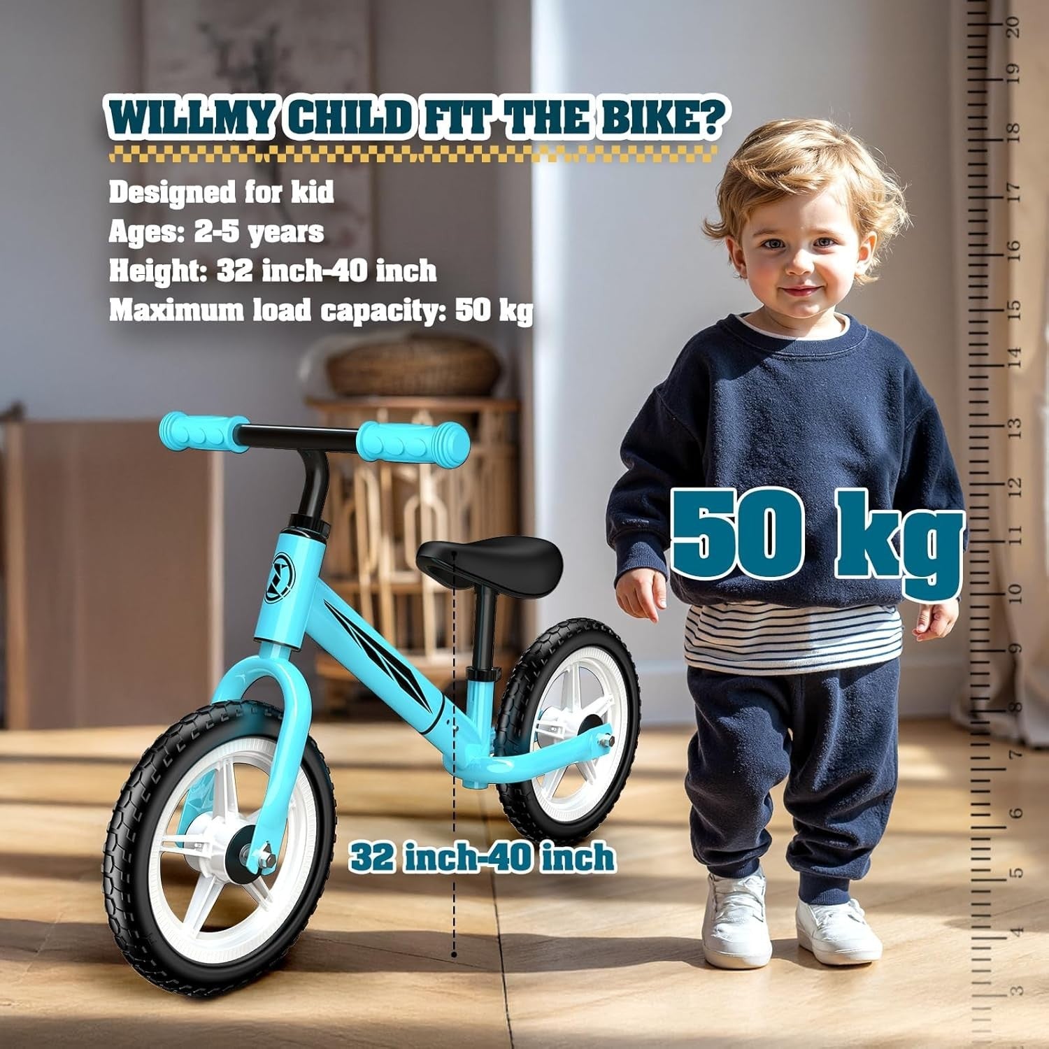 Kids Balance Bike LED Light Up Wheels Adjustable Seat 2-5 Years Blue