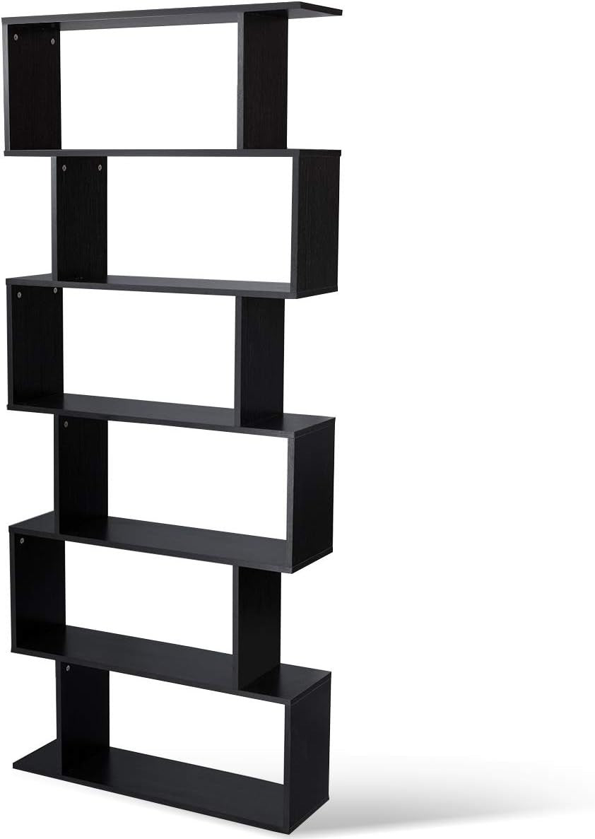 S Shaped 6 Tier Wooden Bookcase Freestanding Display Storage Shelf Black