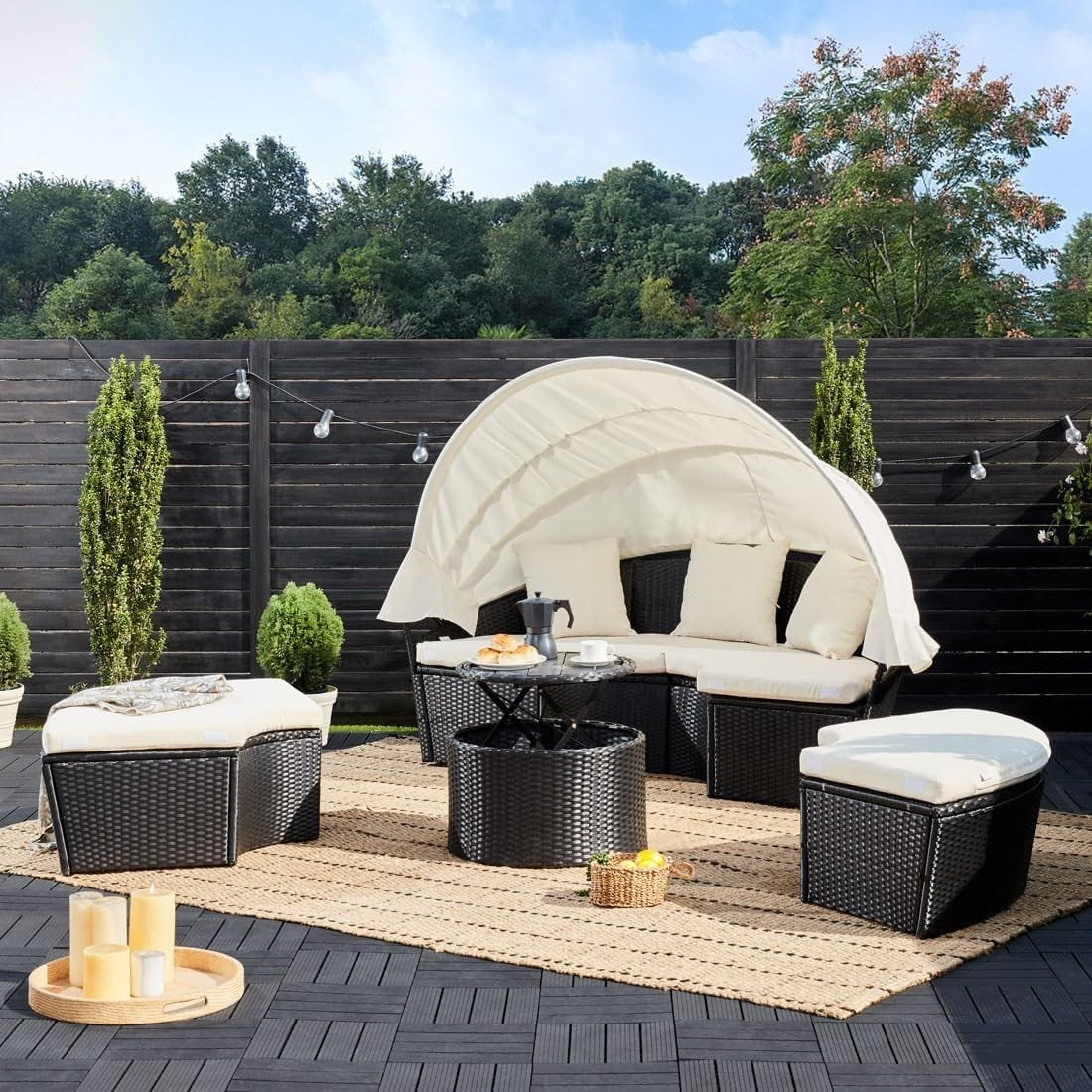 2 Person Rattan Garden Sun Island Lounger Bed with Canopy & Table Outdoor Set