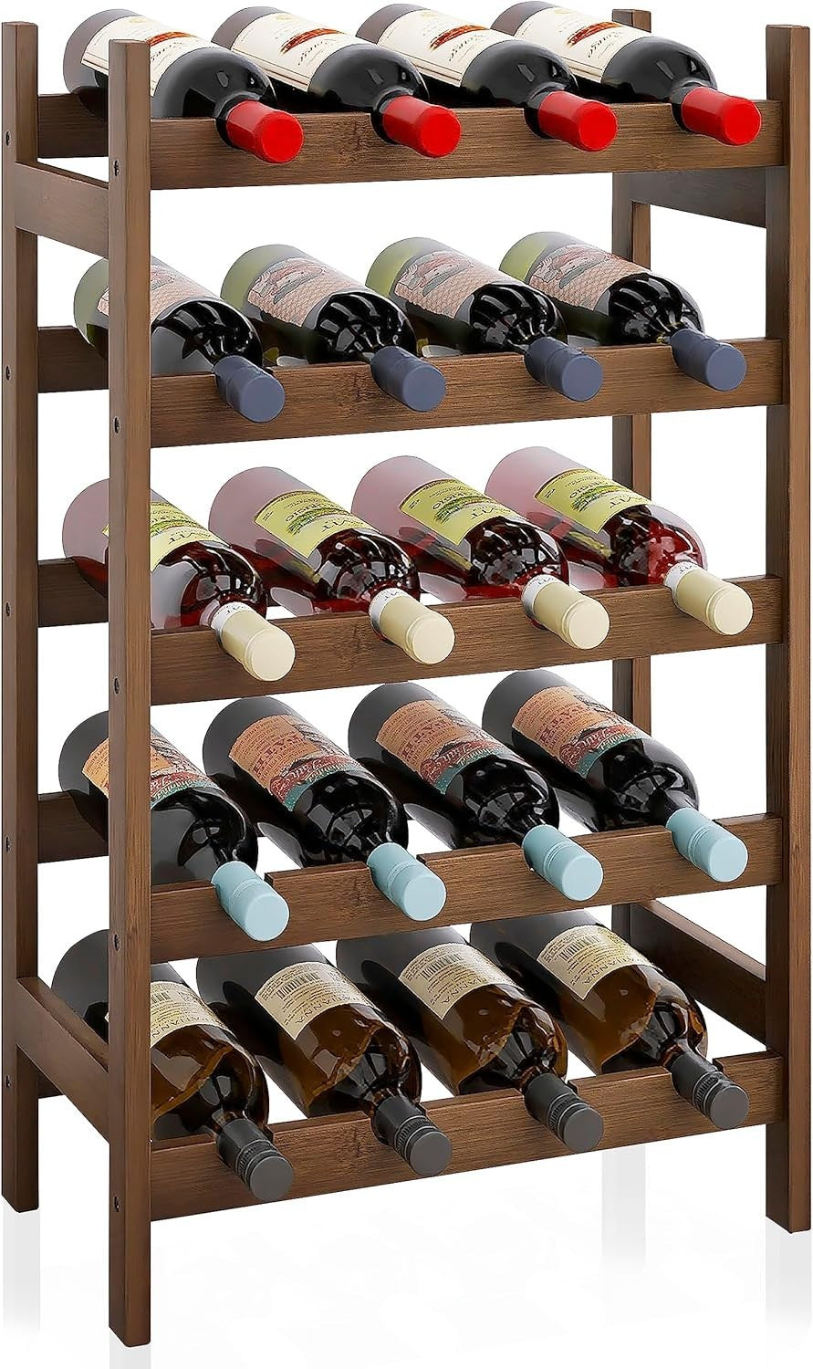 5 Tier Wooden Wine Rack 20 Bottle Free Standing Storage Shelf Walnut Kitchen Bar