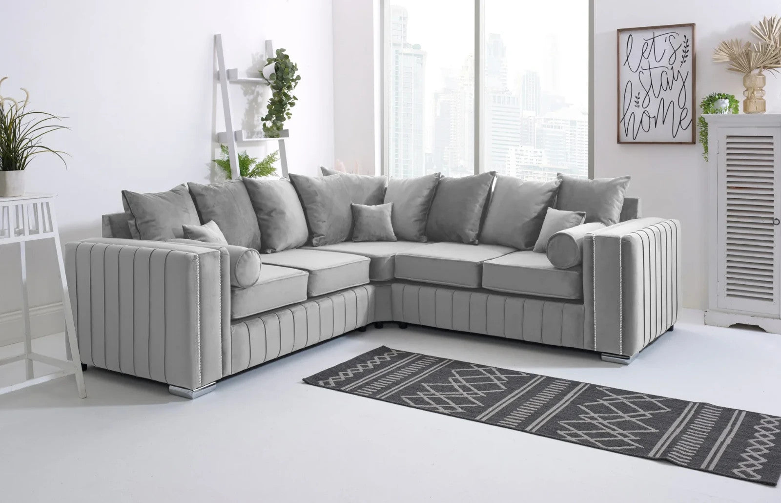 Light Grey Velvet Corner Sofa 5 Seater L Shape 2C2 Couch Chrome Legs