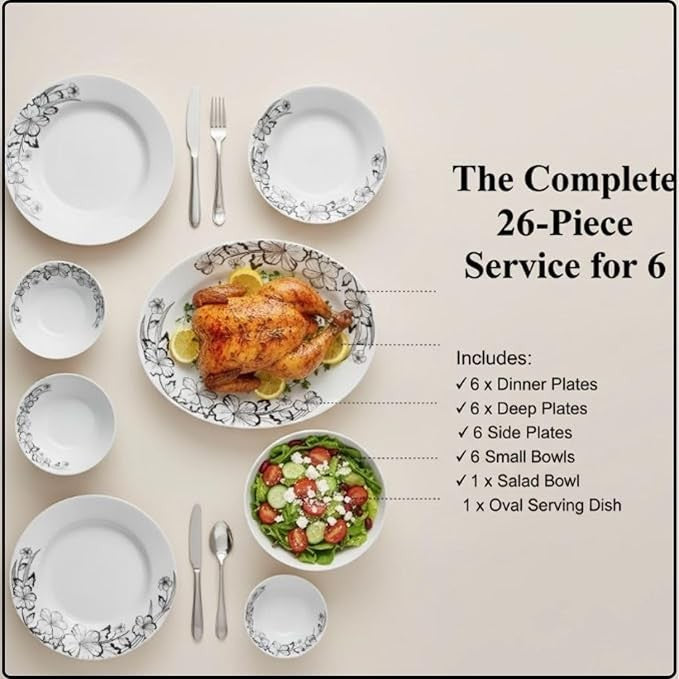 26pc Porcelain Dinner Set Floral Embossed Plates Bowls Service for 6