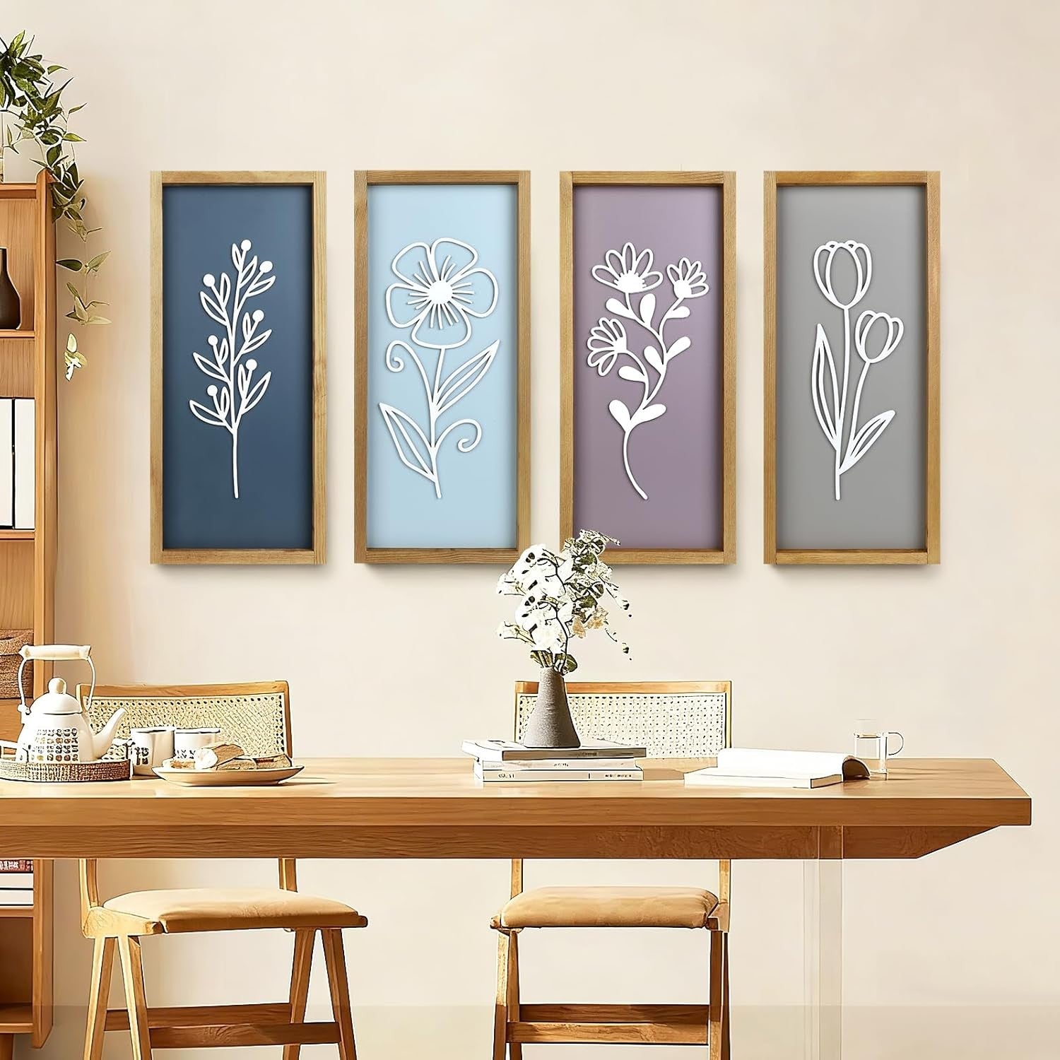Large 3D Wooden Floral Wall Art Set of 4 Boho Framed Decor for Home