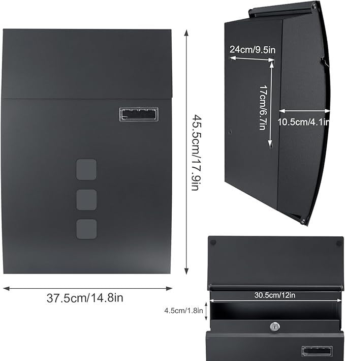 Wall Mounted Lockable Mailbox Black Steel Weatherproof Post Box 4 Keys