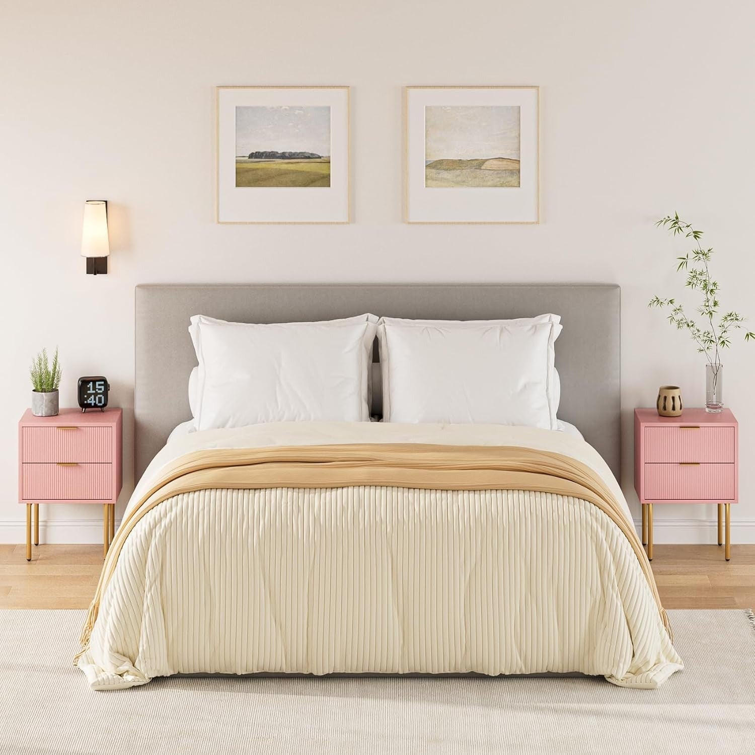 Modern Pink Bedside Table with 2 Drawers & Gold Legs | Wooden Nightstand