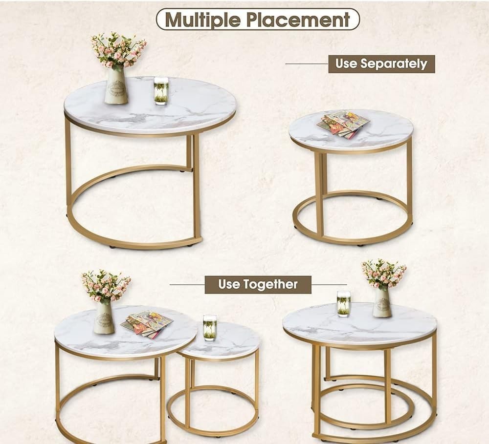 Round Gold Nesting Coffee Table Set White Marble Top Modern Side End Tables
