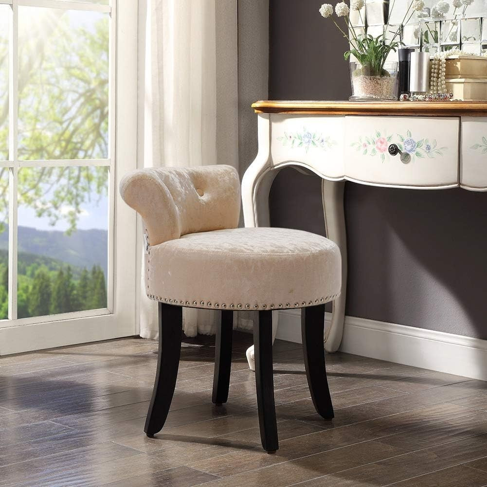 Champagne Velvet Low Back Dressing Table Stool with Wood Legs Footstool