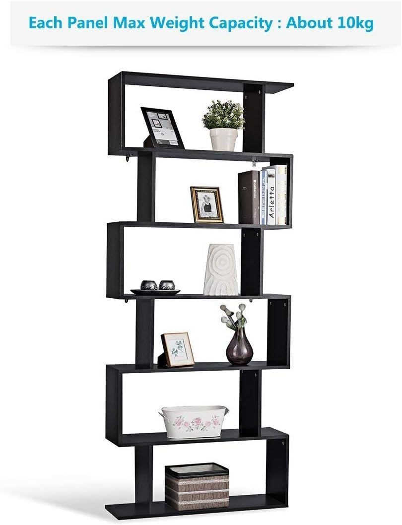 S Shaped 6 Tier Wooden Bookcase Freestanding Display Storage Shelf Black