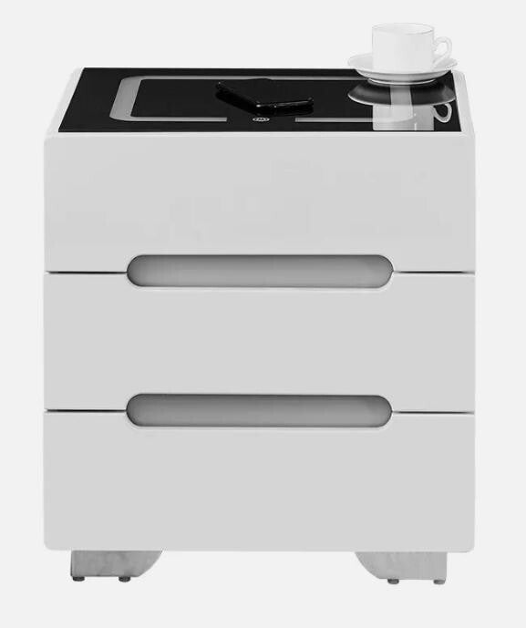 Modern LED Bedside Table with Wireless Charging, 3 Drawers, MDF, 50cm