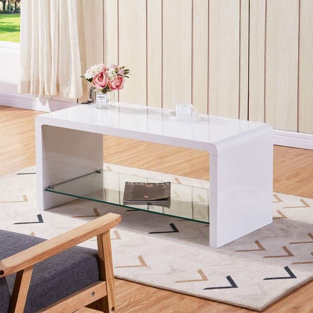 High Gloss White Coffee Table with Tempered Glass Storage Shelf 100x45x45cm