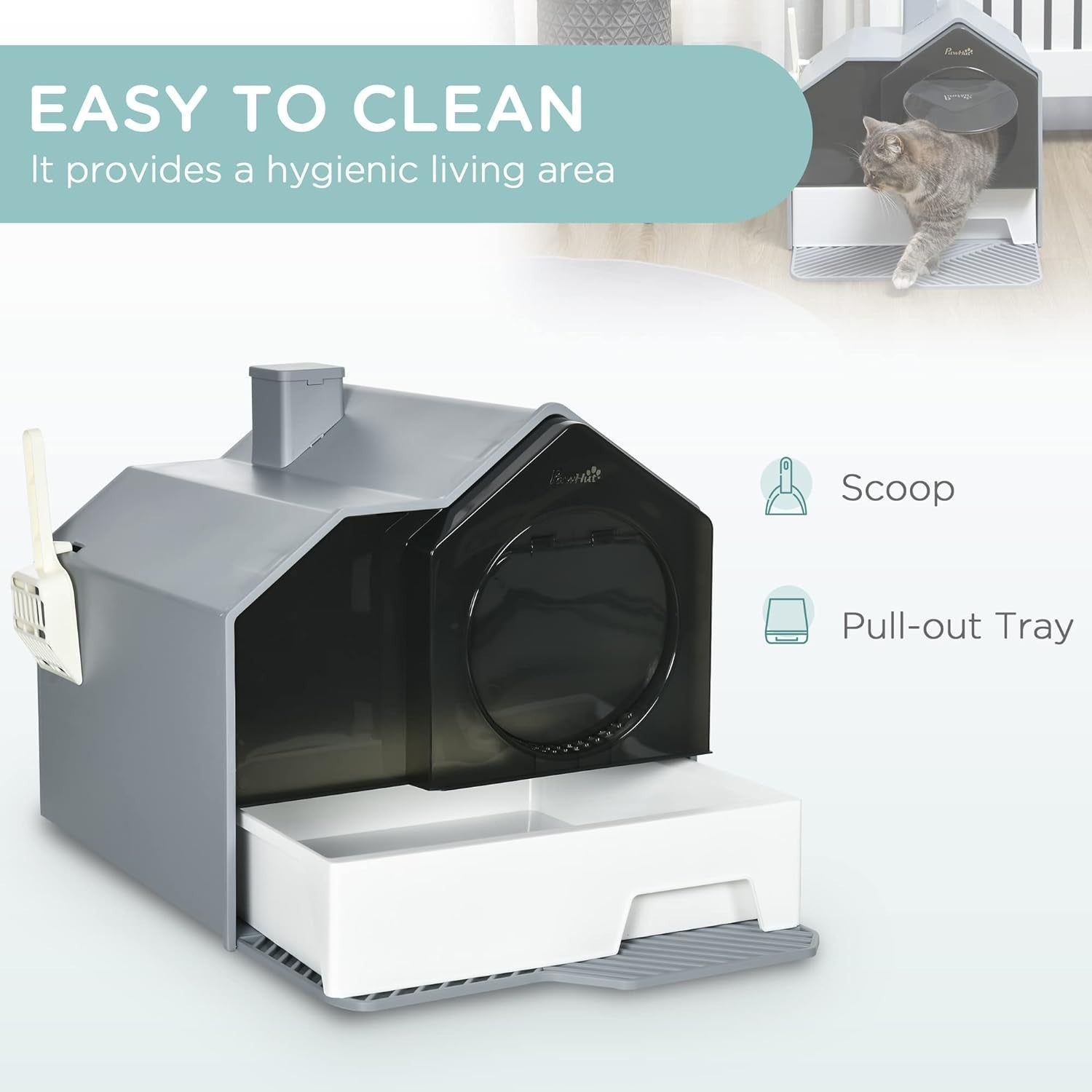 Hooded Cat Litter Box Drawer Tray Odor Control Scoop Grey Large