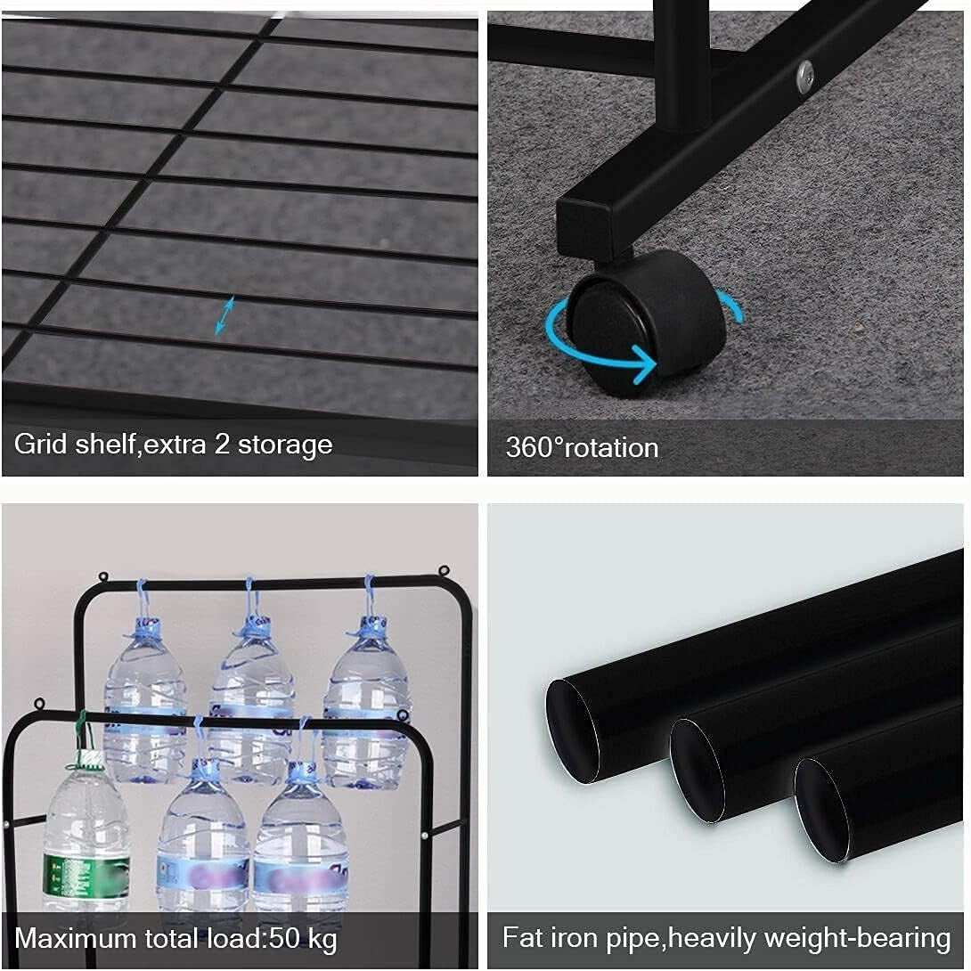 Double Clothes Rail Garment Rack with Wheels & Shelves Black