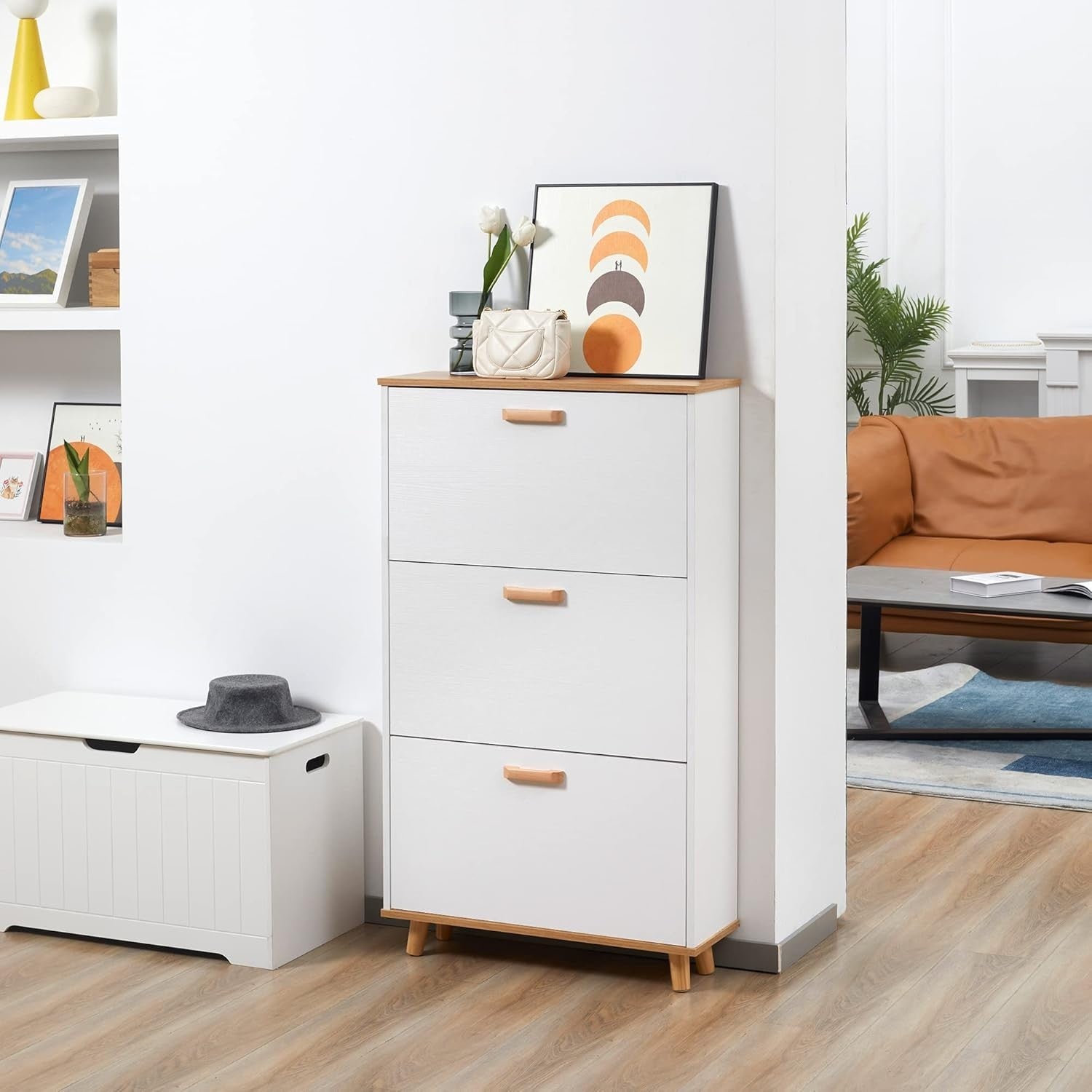 Slim White Shoe Cabinet with 3 Flip Drawers & Adjustable Shelves, 12 Pairs