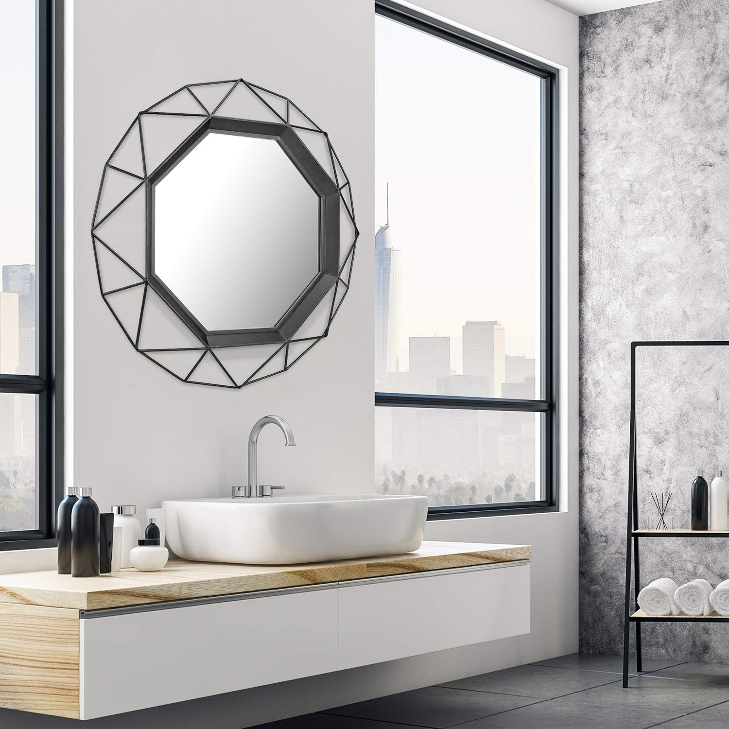28" Black Geometric Wall Mirror Octagon Metal Frame for Bedroom Hallway