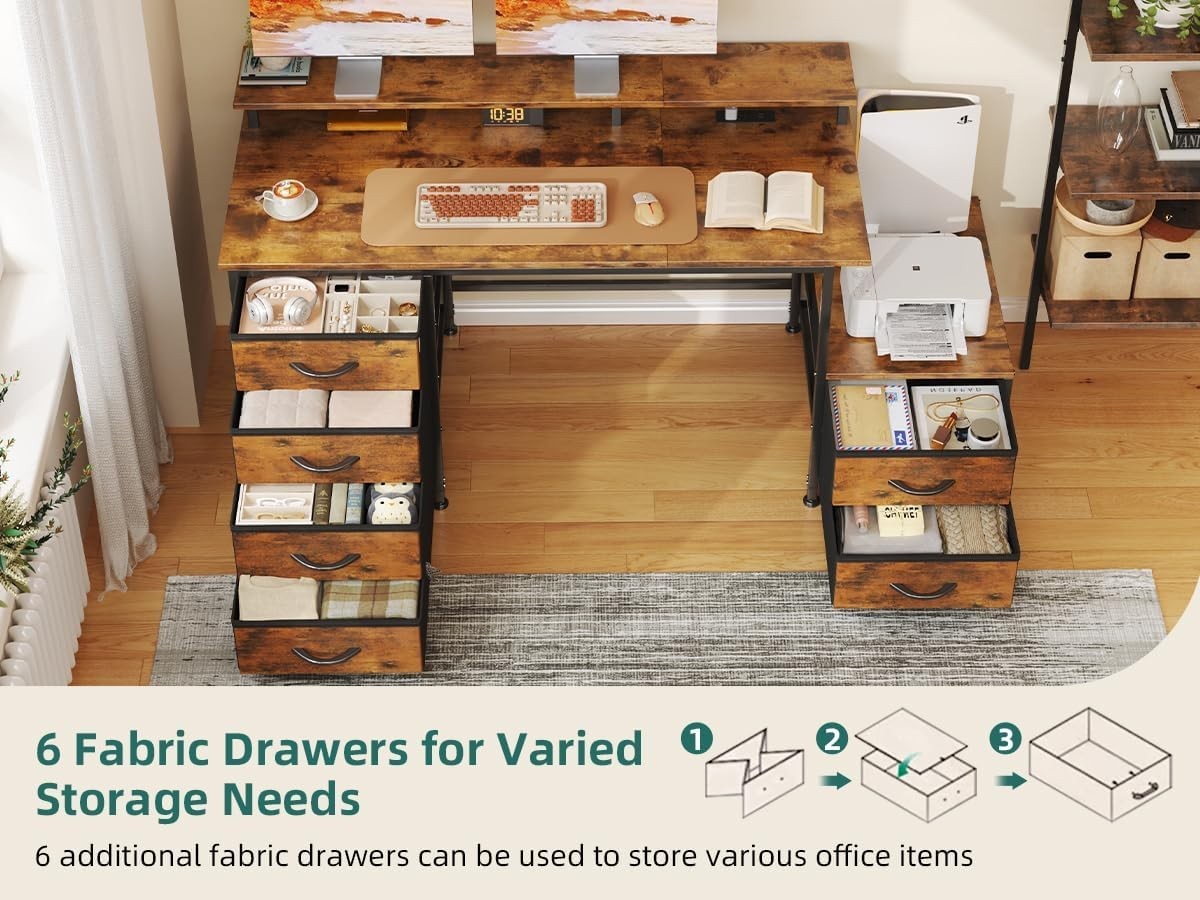 Rustic Brown 128cm Computer Desk with 6 Drawers, USB Ports & Monitor Stand