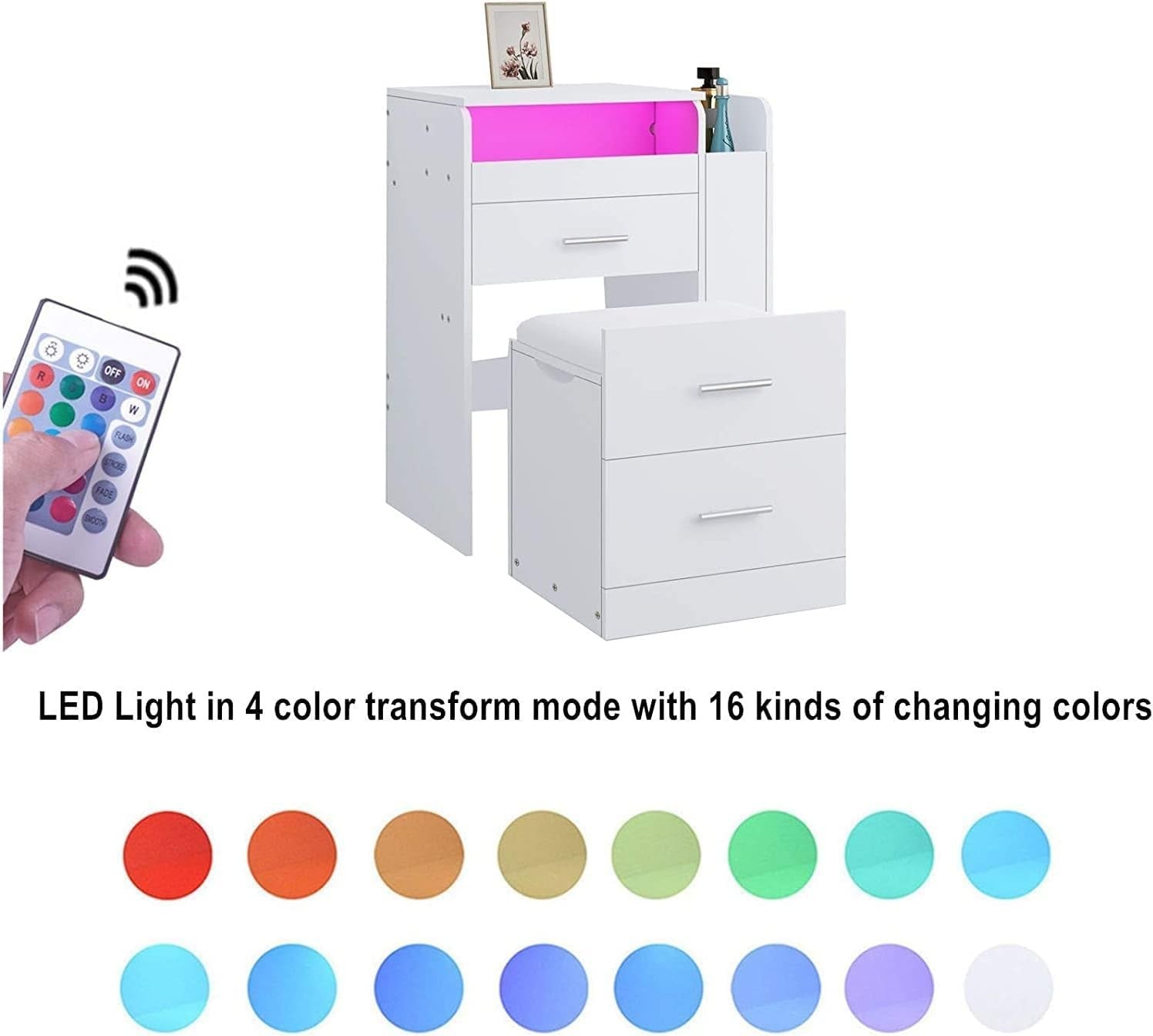 White Dressing Table Vanity Set 90° Flip Mirror LED Lights Drawer Desk