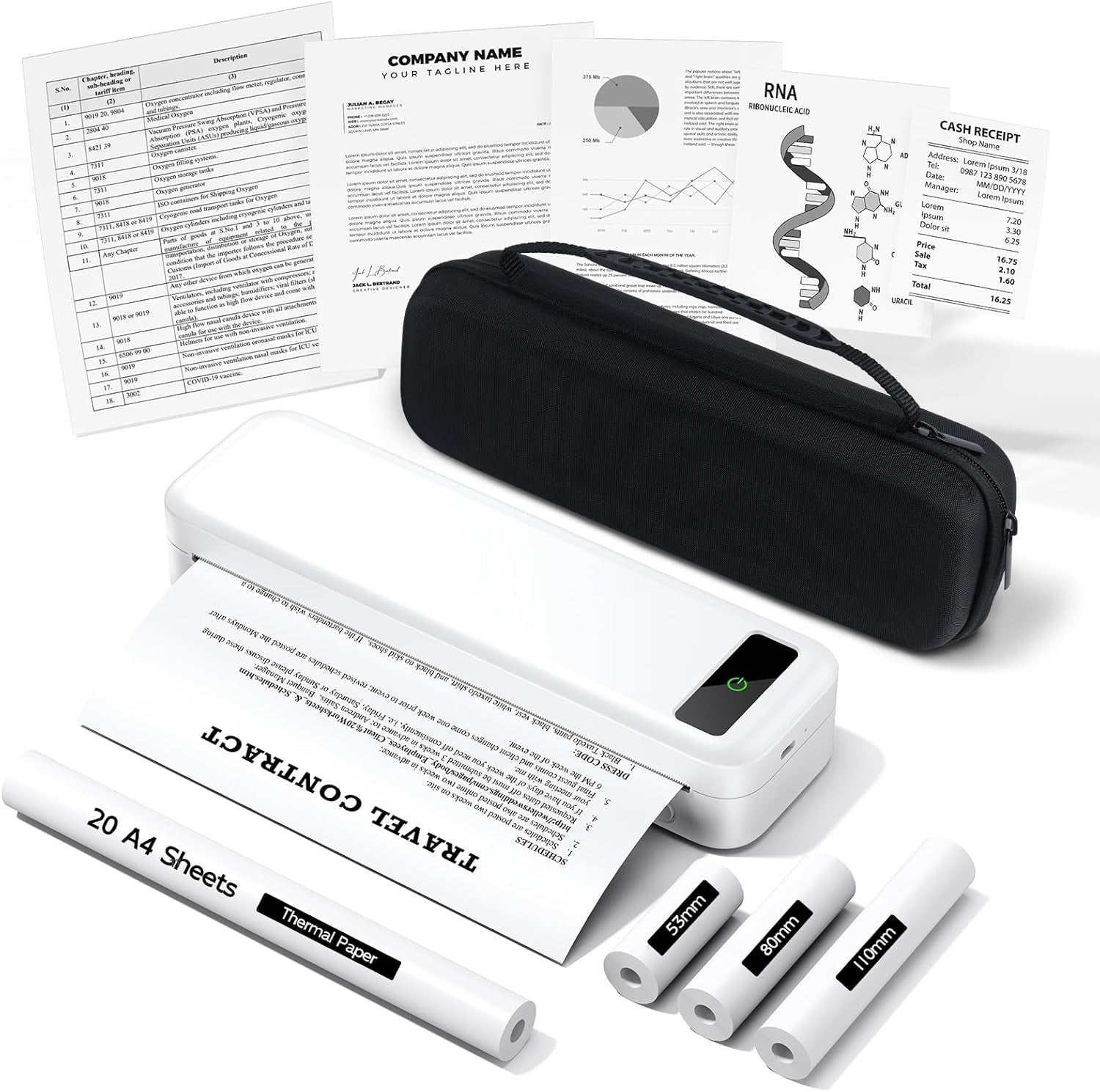 Portable A4 Thermal Printer Bluetooth Inkless + 4 Rolls & Case