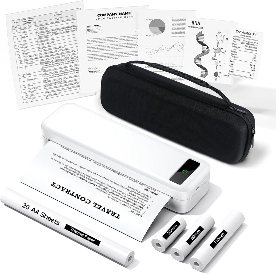 Portable A4 Thermal Printer Bluetooth Inkless + 4 Rolls & Case