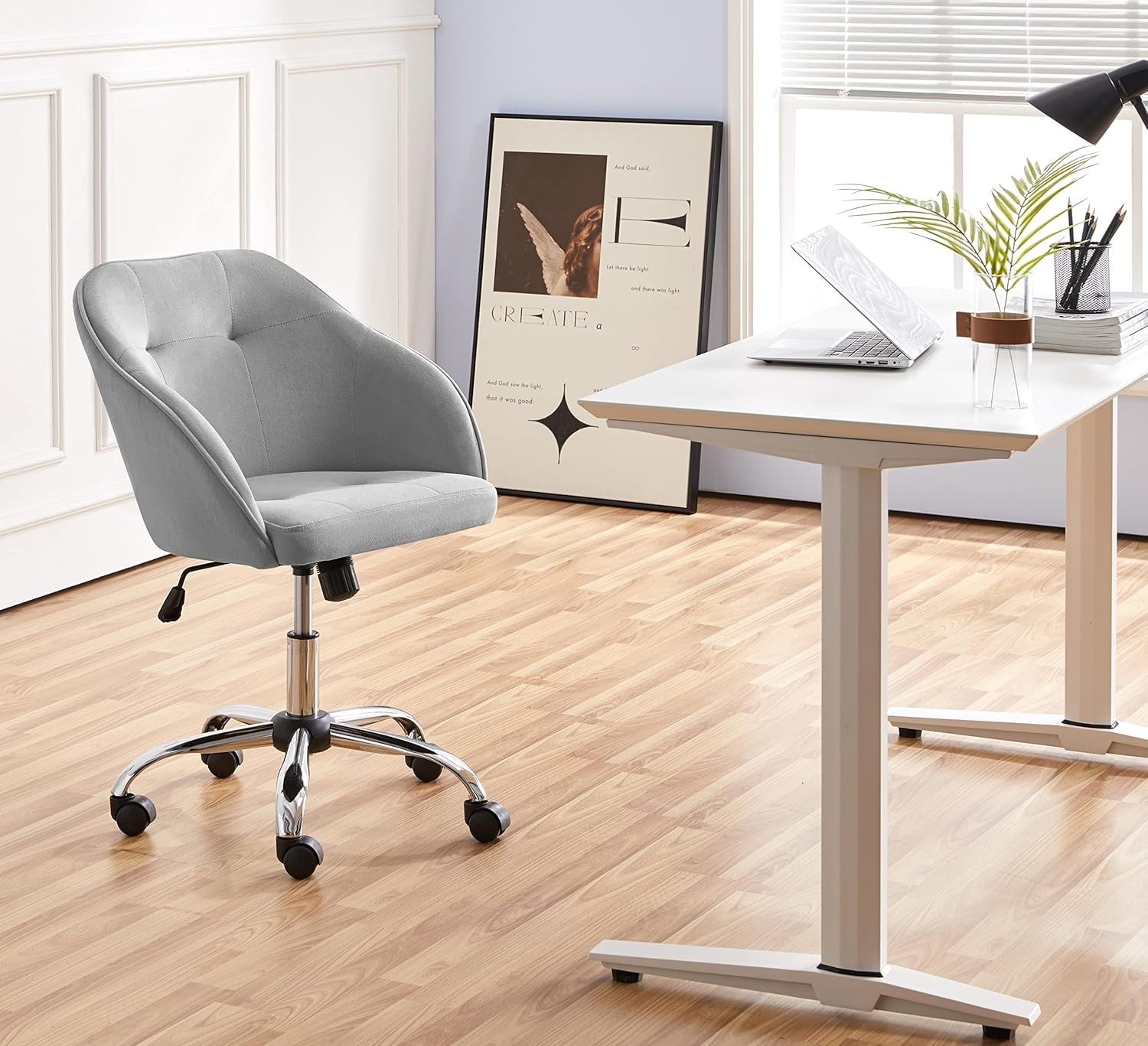 Ergonomic Velvet Office Chair Swivel Adjustable Height Armrest Light Gray