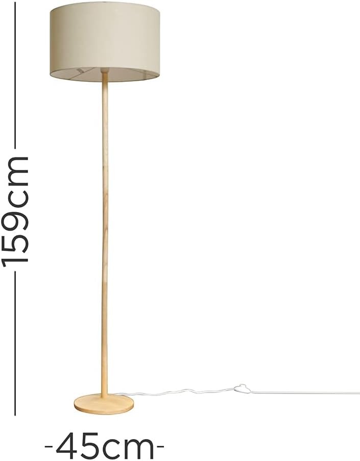 Natural Wood Floor Lamp Beige Drum Shade Modern Standing Light Living Room