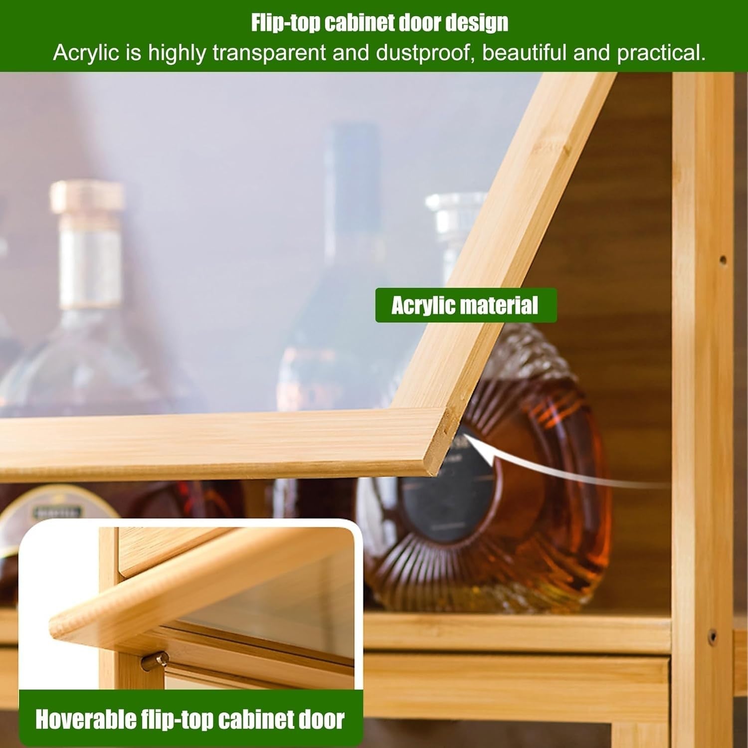 Glass Liquor Cabinet with Doors Display Storage | Tall Wood Bar Drinks Shelf