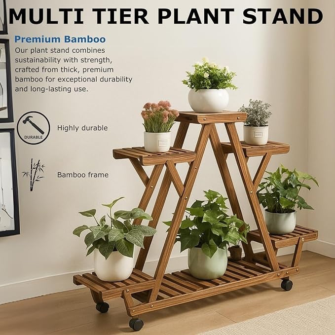 Wooden 4 Tier Plant Stand with Wheels Indoor Outdoor Flower Shelf 93x28x95cm