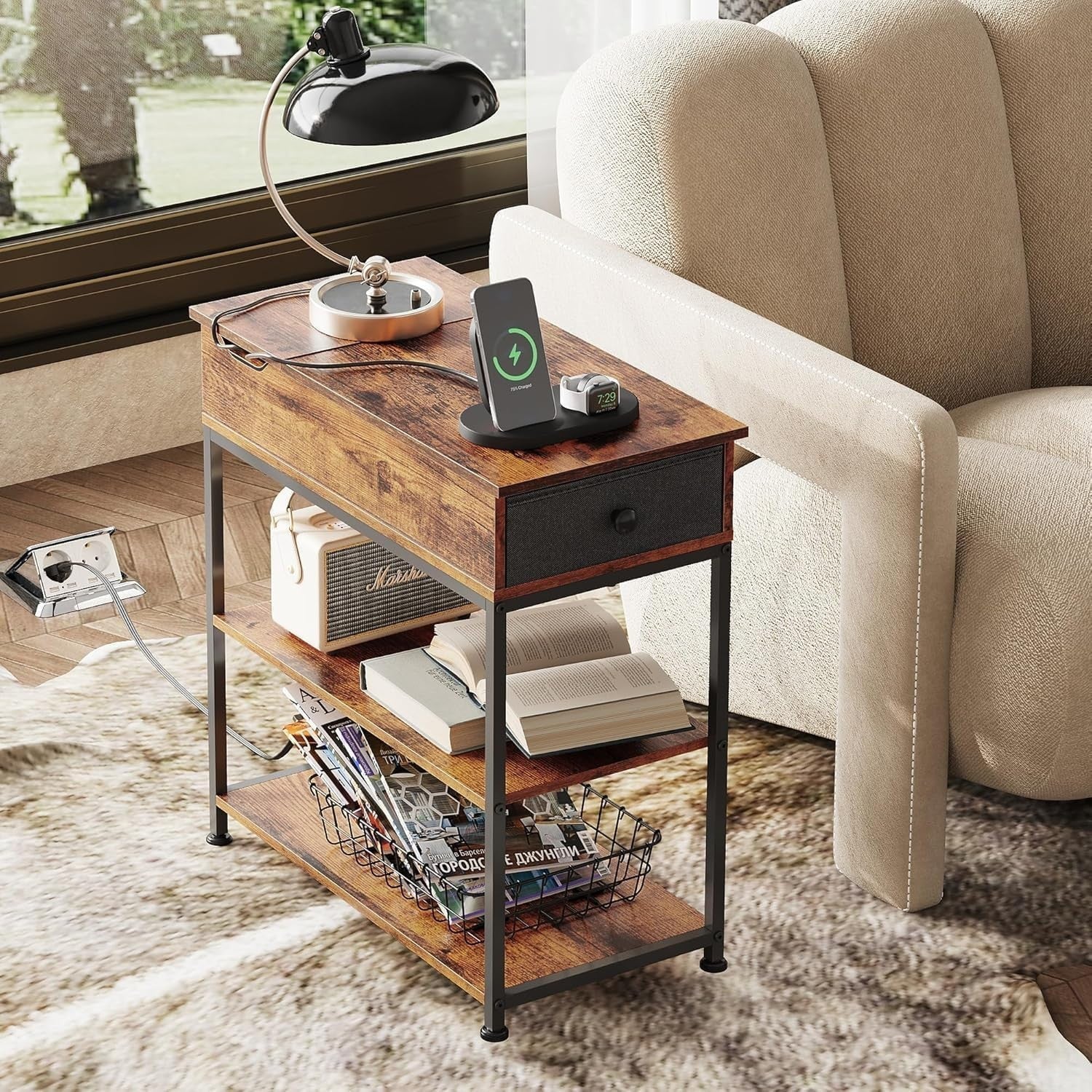 Narrow Side Table with Charging Station, USB & AC Outlets, Storage Drawer
