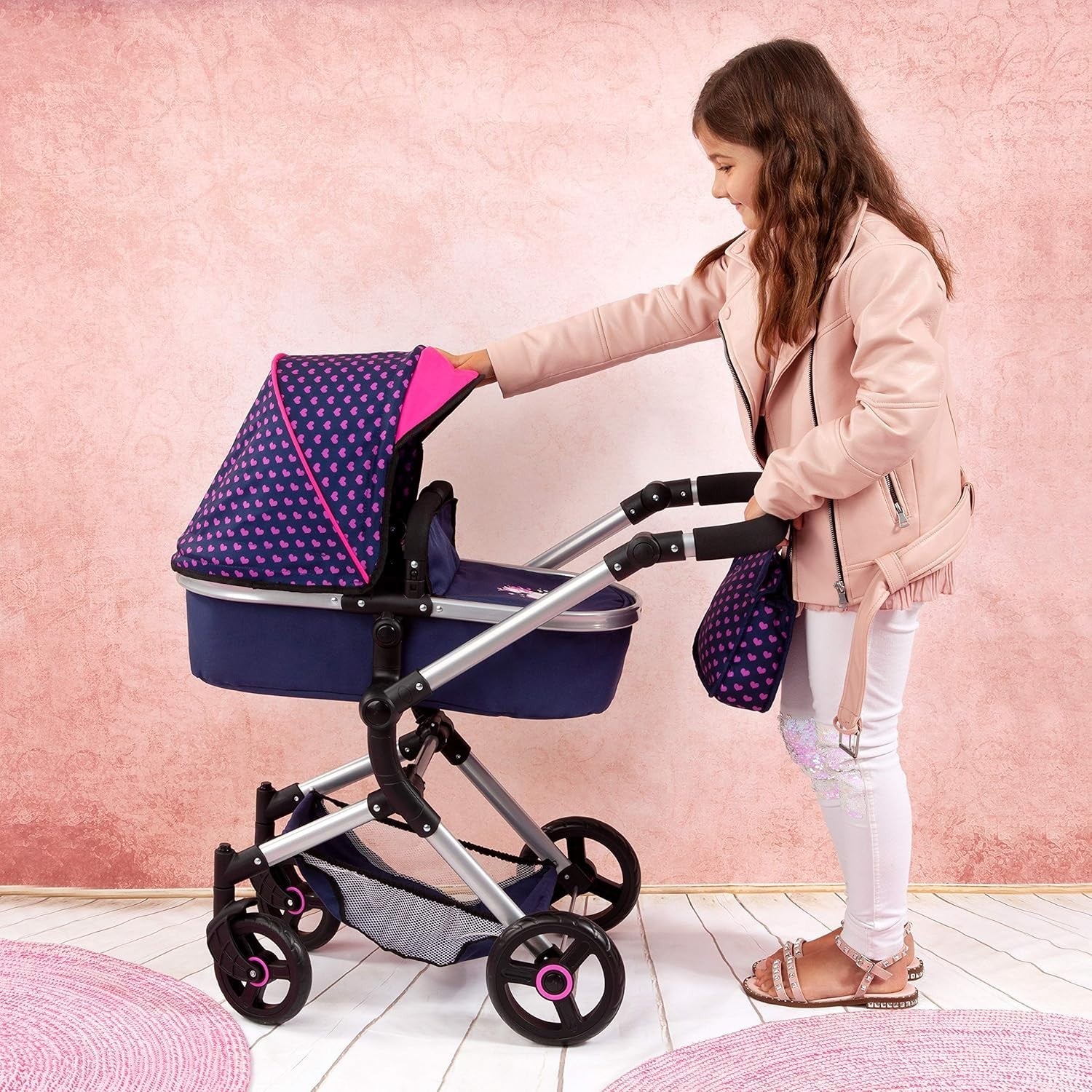 Convertible Dolls Pram Pushchair Adjustable Handle Foldable Basket Bag