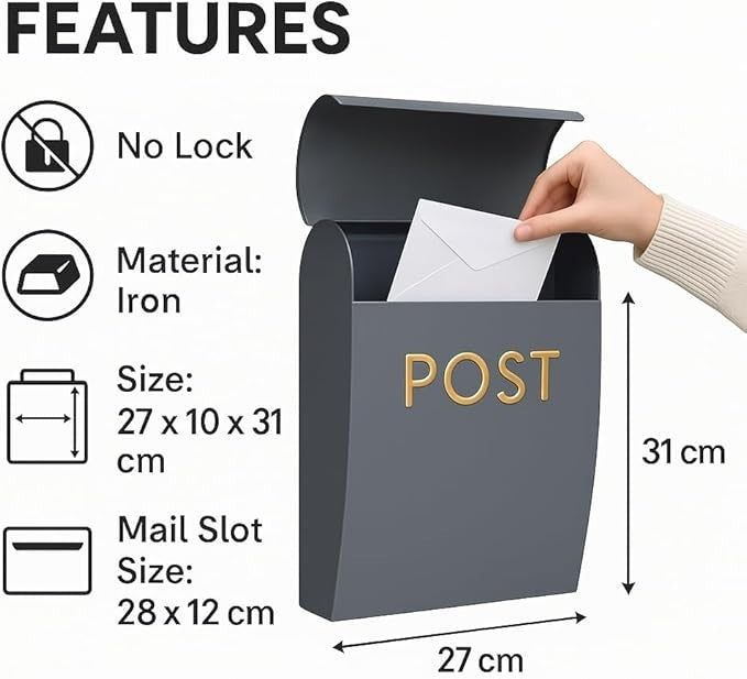 Wall Mounted Weatherproof Post Box Iron Mailbox Easy Install Outdoor Use